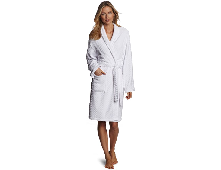 Bata de felpa con textura de espiga Hotel Spa , Blanco óptico, talla única NDP12
