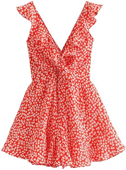 SheIn Boho - Enterizo corto para mujer, cuello en V, sin espalda, con encaje floral Polka Roja NDP64