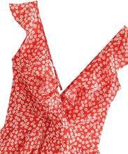 Cargar imagen en el visor de la galería, SheIn Boho - Enterizo corto para mujer, cuello en V, sin espalda, con encaje floral Polka Roja NDP64
