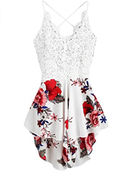 SheIn Boho - Enterizo corto para mujer, cuello en V, sin espalda, con encaje floral Blanco  NDP63