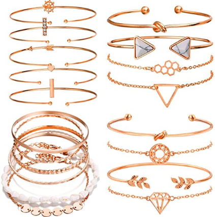 Pulsera apilable de múltiples capas, 19 unidades, oro rosa y oro rosa para mujeres NDP47