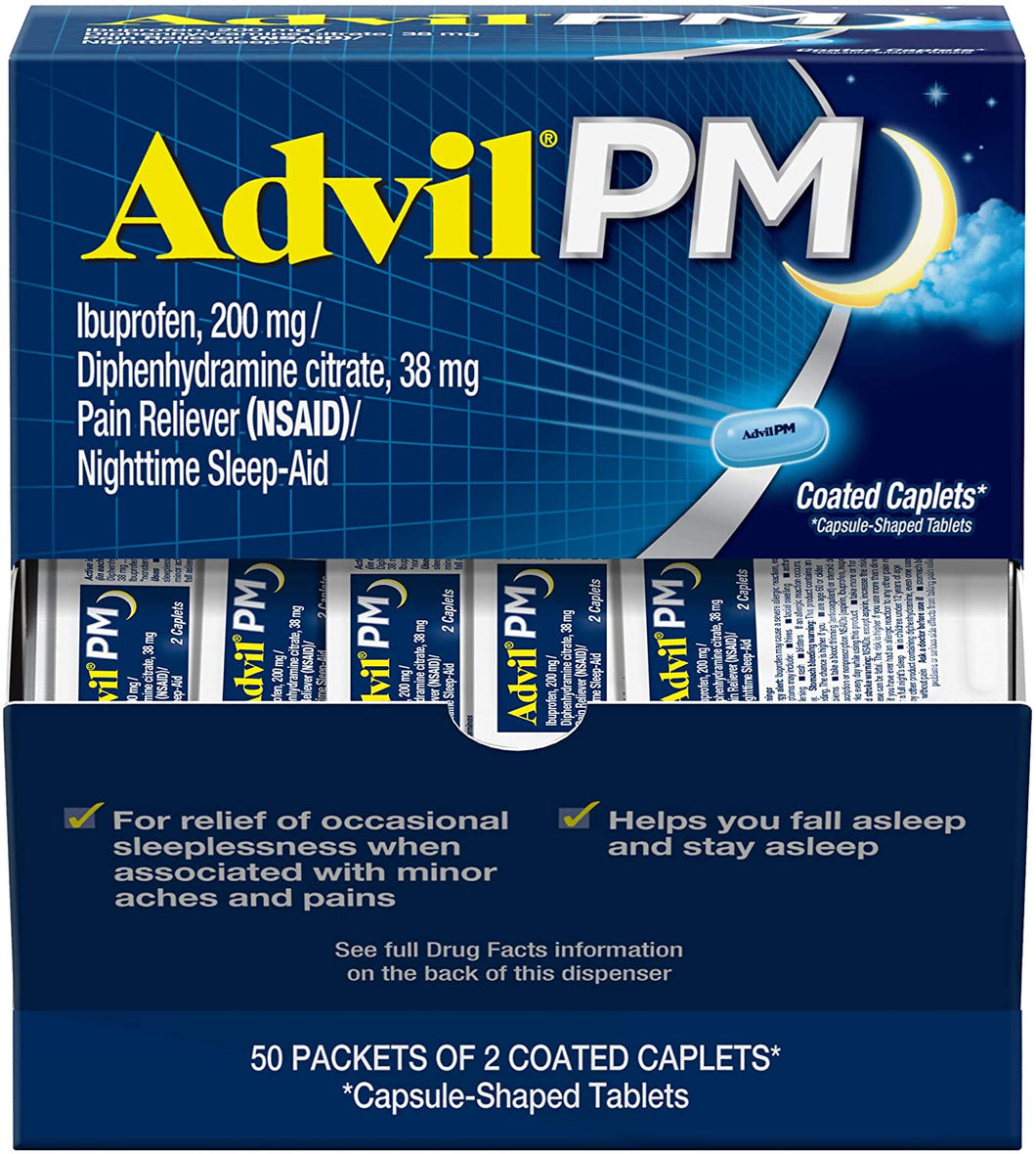Advil PM Alivio del dolor y ayuda nocturna para dormir 50 paquetes de 2 tabletas