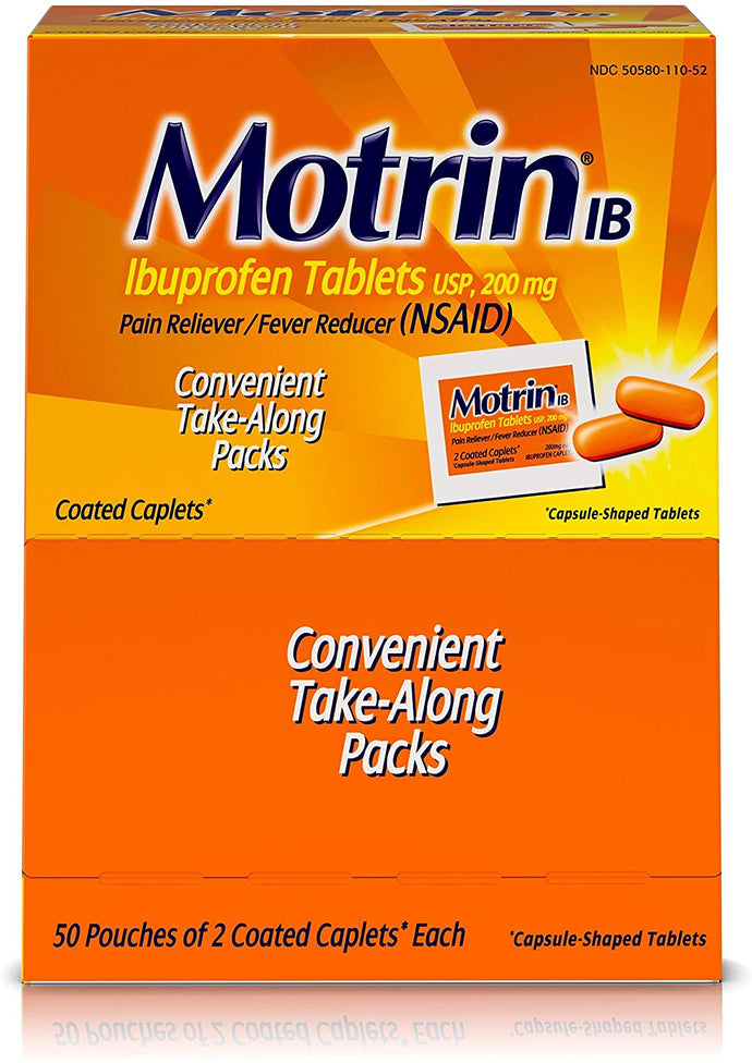 Ibuprofeno Motrin (50 paquetes de 2 cápsulas)