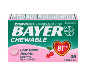 Aspirina Bayer, tabletas masticables de 81 mg, analgésico, cereza, 36 unidades