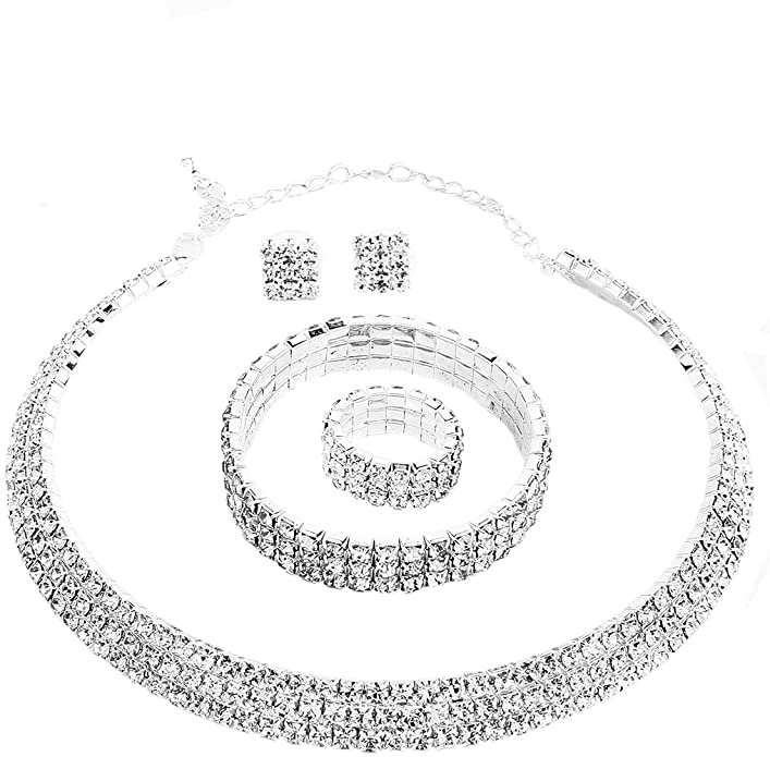 Conjunto de joyas, gargantilla, aretes, pulsera y aros con estrás de cristal  NDP-29