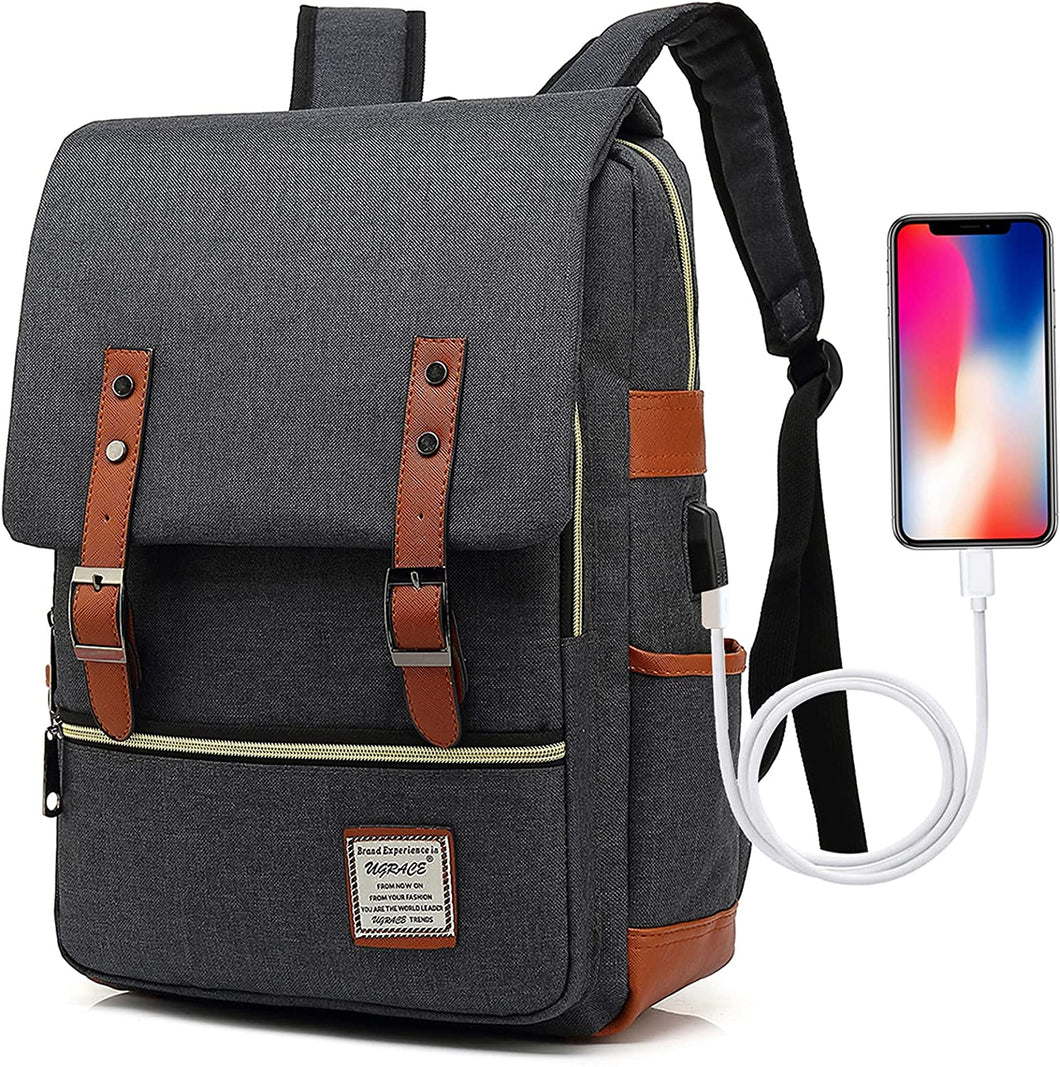 Mochila vintage para portátil con puerto de carga USB, elegante NDP9