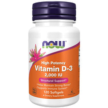 Cargar imagen en el visor de la galería, NOW Supplements, Vitamina D-3 2000 UI, alta potencia, 120 cápsulas blandas
