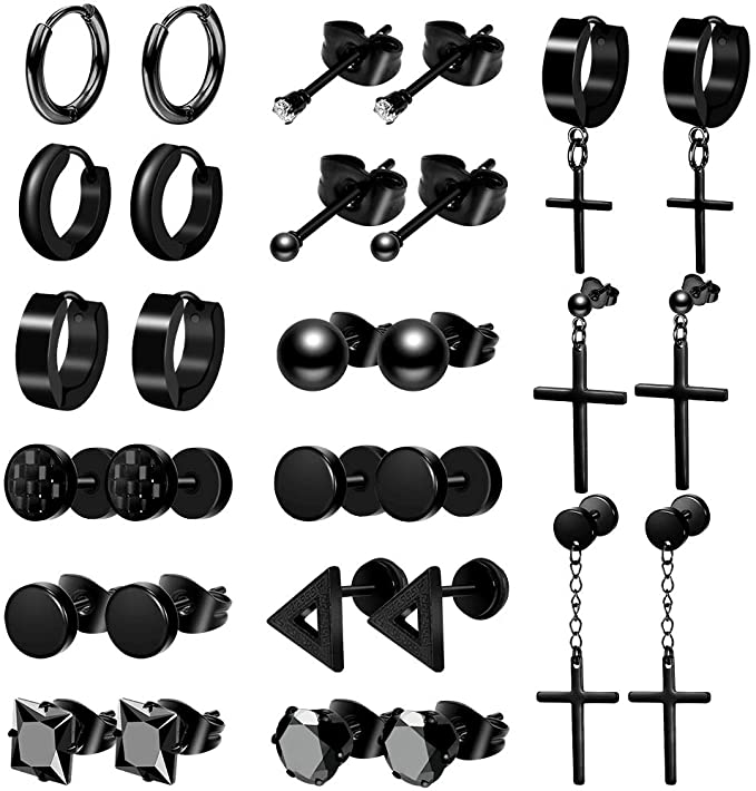 Juego de 15 pares de aretes para hombre de acero inoxidable