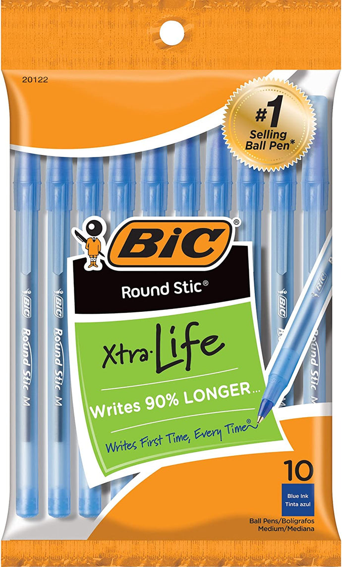 BIC Round Stic Xtra Life - Bolígrafo de punta media (0.039 in), azul, 10 unidades