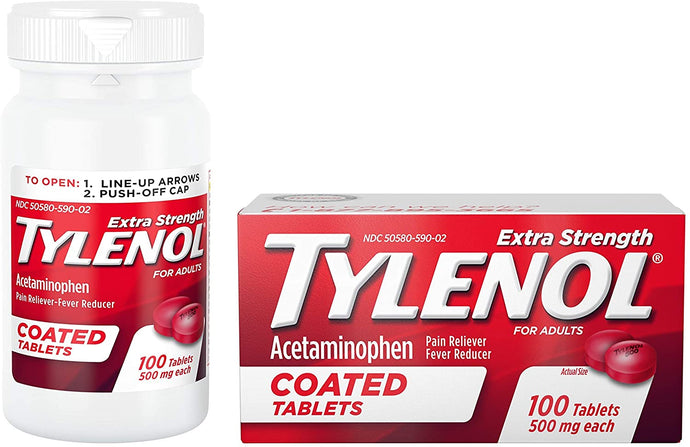 Tylenol Tabletas recubiertas extra fuertes, acetaminofeno adulto alivio del dolor y reducción de fiebre, 100 unidades