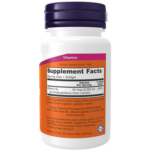 NOW Supplements, Vitamina D-3 2000 UI, alta potencia, 120 cápsulas blandas