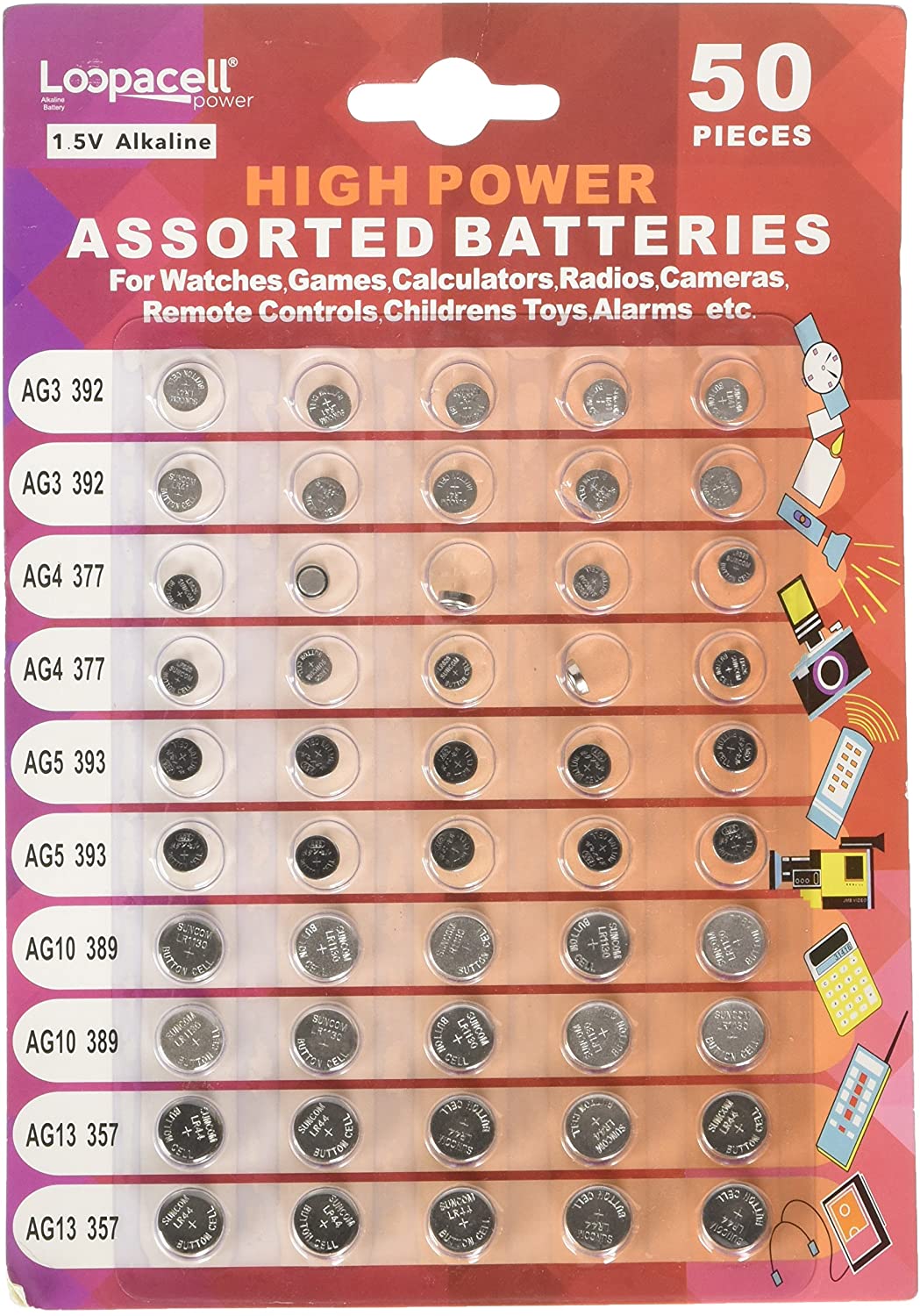 Baterías alcalina para reloj de alta potencia 1.5 V, surtidas, 50 unidades NDP48