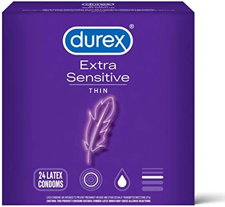 Durex Condones de látex natural sensibles y extra lubricados 24 unidades