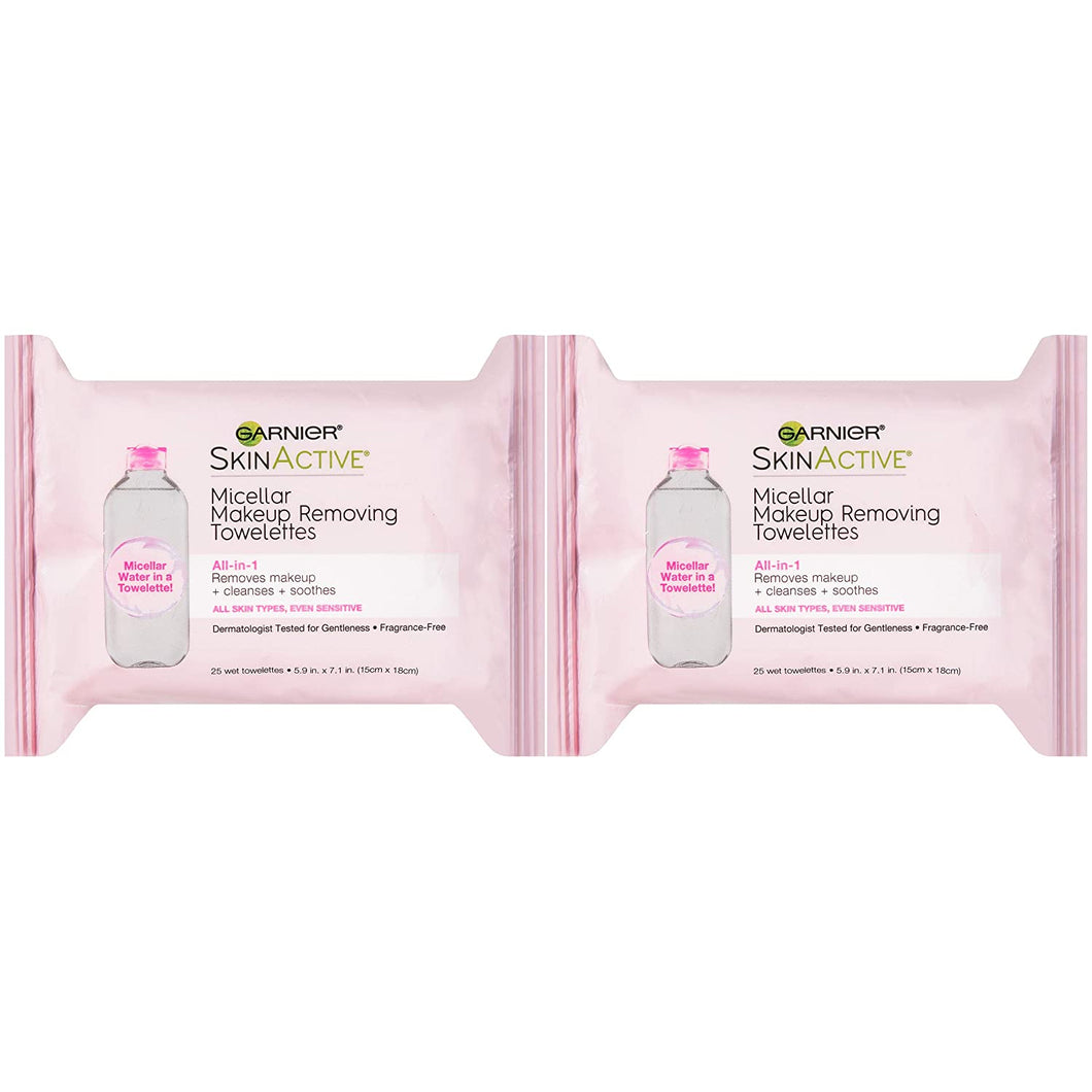 Toallitas limpiadoras micelares desmaquillantes, Garnier SkinActive, 25 unidades, paquete de 2