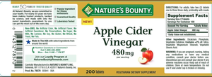 Suplemento de vinagre de sidra de manzana, 480 mg, 200 tabletas