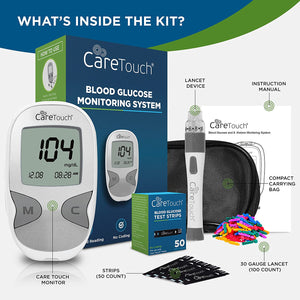 Kit de prueba de diabetes Care Touch - Monitor de glucosa en sangre, 50 tiras de prueba de glucosa en sangre, 100 lancetas NDP27